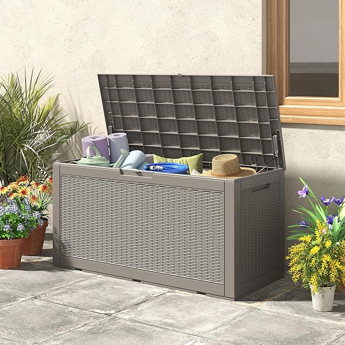 KAMABOKO 101 Gallon Waterproof Large Resin Deck Box, Lockable Large Outdoor Storage Boxes Indoor Outdoor Storage Container for Patio Cushions, Gardening Tools, Pool Supplies, Grey-Ruum Studio Home
