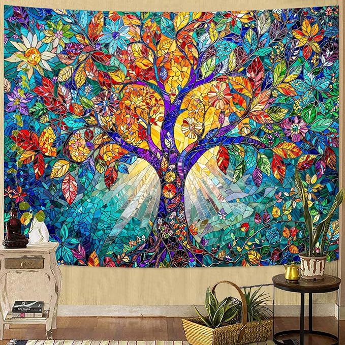Lunerfex Tree of Life Tapestry Stained Glass Tapestry Wall Decor Tapestries for Bedroom Art Tapestries Wall Hanging for Bedroom Living Room Glass-Tree-02 60"x80"-Ruum Studio Home