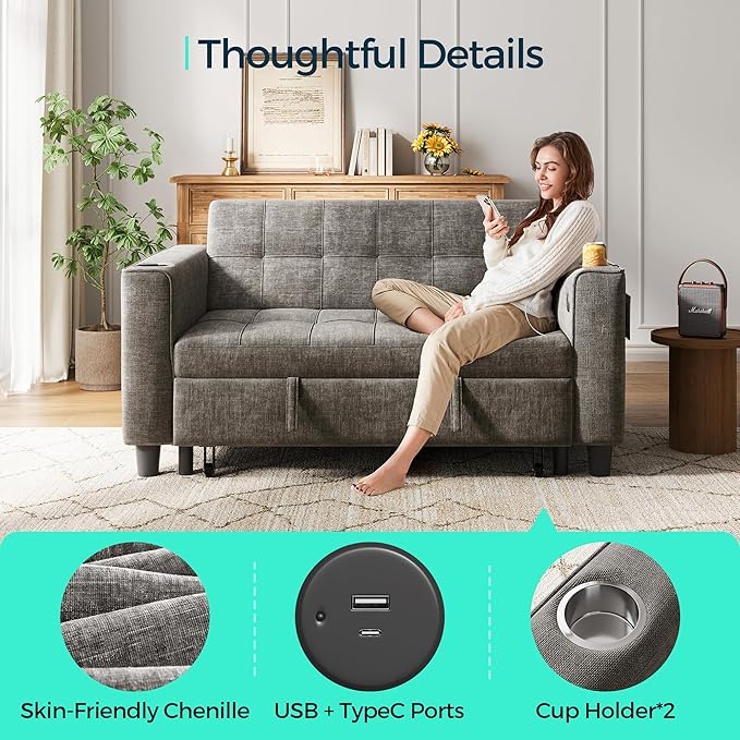 LINSY 3-in-1 Convertible Sofa Bed, 54" Pull Out Sleeper Sofa with Charging Station & Cup Holder, Small Folding Loveseat with Side Pocket for Small Space, Corduroy Couch, Gray-Ruum Studio Home