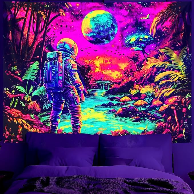 BVBOX Astronaut Space Blacklight Tapestry 79"x59", UV Reactive Astronaut Tropical Rainforest Universe Galaxy Planet Glow in Dark Tapestries, Black Light Neon Upright Poster Wall Hanging Backdrop Decor for Bedroom Living Room-Ruum Studio Home