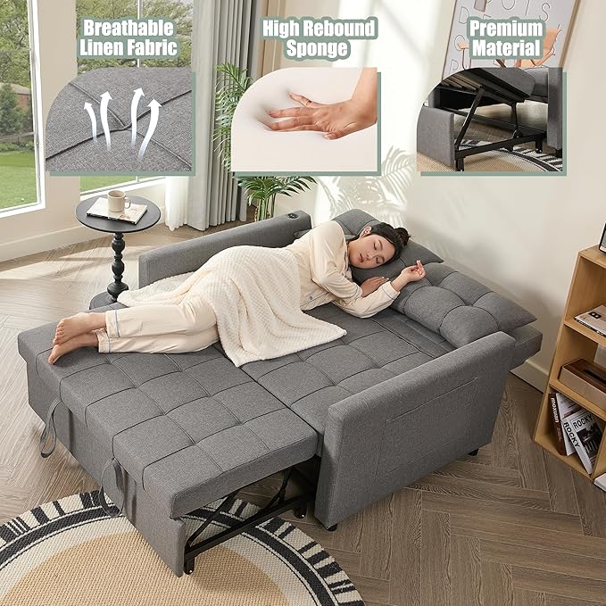 52" Sleeper Sofa with Pull-Out Bed, 3-in-1 Convertible Sofa Bed, Loveseat with Stepless Adjustable Backrest and Side Pocket, for Living Room Dorm Apartment, Linen, Light Gray-Ruum Studio Home
