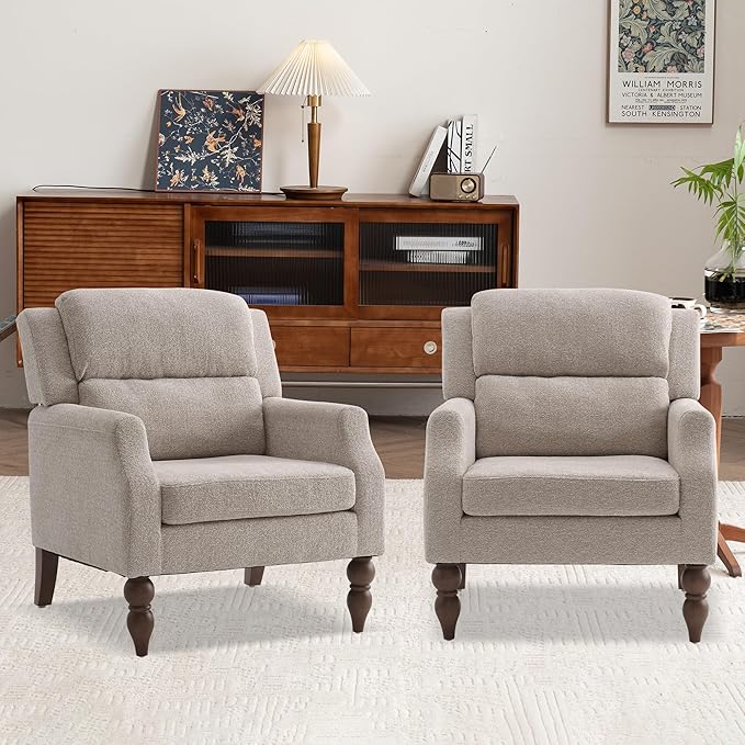 Kidol & Shellder Oatmeal Oversized Accent Chair for Living Room Set of 2 Modern Reading Chair with Back Wide Upholstered Comfy Single Sofa Chair Bedroom Lounge Side Corner Boucle Fabric Armchair-Ruum Studio Home