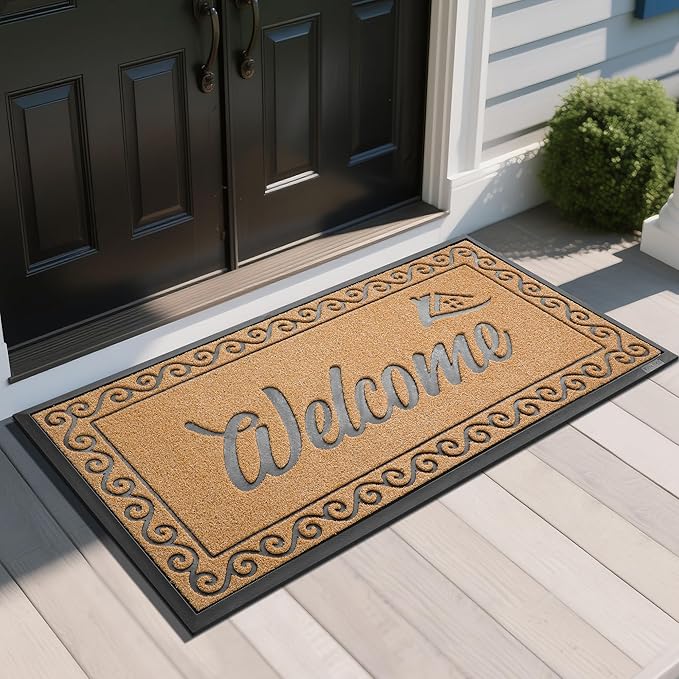 Yimobra Welcome Mat, Heavy Duty Sturdy Door Mats for Home Entrance Outdoor Indoor, Front Doormat for Outside Patio Floor Entry Porch Garage Office, Waterproof, Low Profile, 47 x 24, Yellow-Ruum Studio Home