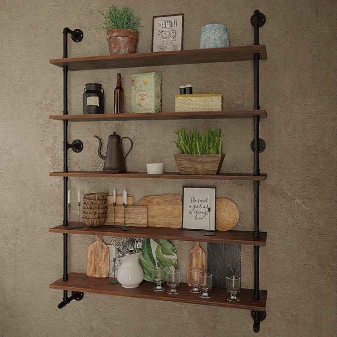 Industrial Pipe Wall Shelves Pipe Shelving with Real Wood Plank ,48 Inches Floating Shelves for Wall Farmhouse Pipe Book Shelves Dark Brown 5 Tier for Kitchen,Living Room Decor and Bar Shelving-Ruum Studio Home