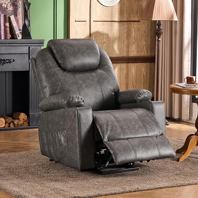 SALOHZA Power Lift Recliner Chair for Elderly with Massage and Heat for Living Room, Electric Recliner Chair for Adults with USB/Type C Port/Cup Holders, PU Faux Leather, Grey-Ruum Studio Home