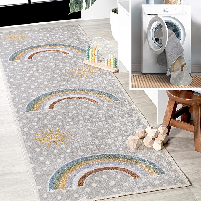 JONATHAN Y Machine-Washable Gray/Ivory/Yellow Runner Rug, 2x8, Minha Rainbow Dots, Kids & Novelty, Casual, Classic, Bedroom, Kitchen, Living Room, Easy-Cleaning, Non-Shedding (KDW102A-28)-Ruum Studio Home