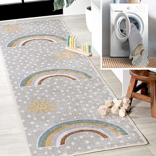 JONATHAN Y Machine-Washable Gray/Ivory/Yellow Runner Rug, 2x8, Minha Rainbow Dots, Kids & Novelty, Casual, Classic, Bedroom, Kitchen, Living Room, Easy-Cleaning, Non-Shedding (KDW102A-28)-Ruum Studio Home