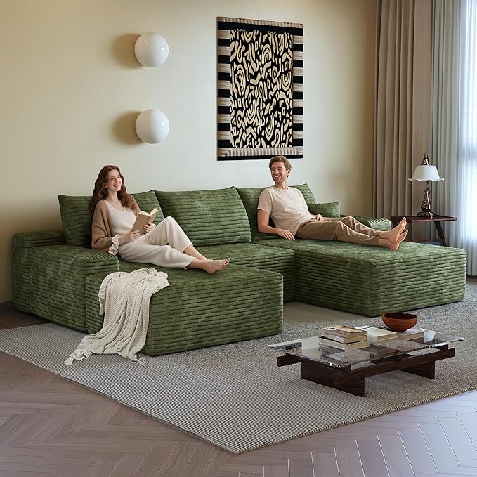 108" Sectional Couches for Living Room Modern Modular Sofa with L-Shape Couchs Upholstered Boneless Couch Deep Seat Sectional Couch with Chaise (Green, Right Facing Chaise+2Seaters+1Ottoman)-Ruum Studio Home