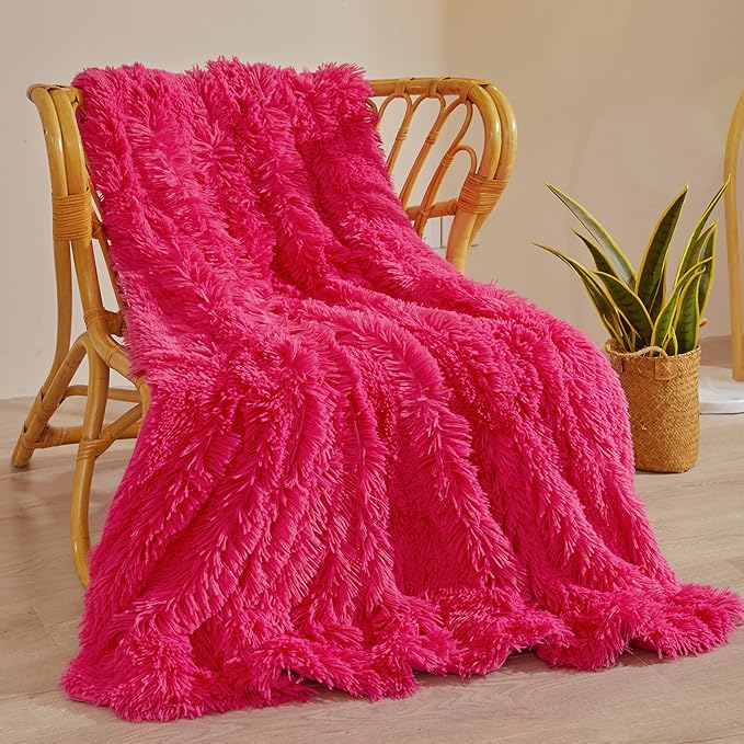 XeGe Luxury Faux Fur Throw, Hot Pink Soft 50x60 Fluffy Blanket, Shaggy Plush Decorative Couch Throw, Cute Furry Fuzzy Office Lap Blanket for Bed Bedroom Living Room, Hot Pink-Ruum Studio Home