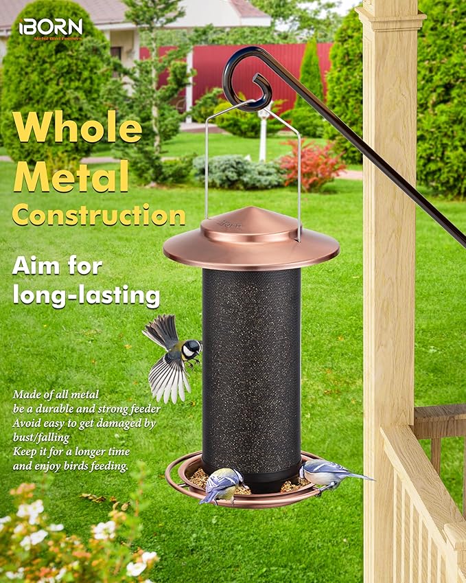 iBorn Bird Feeders for Outdoors, All Metal Mesh Tube, Holding Bird Seed for Outside Feeders,18cm Large Roof, Copper, 2.8lb(Seed is not Included)-Ruum Studio Home