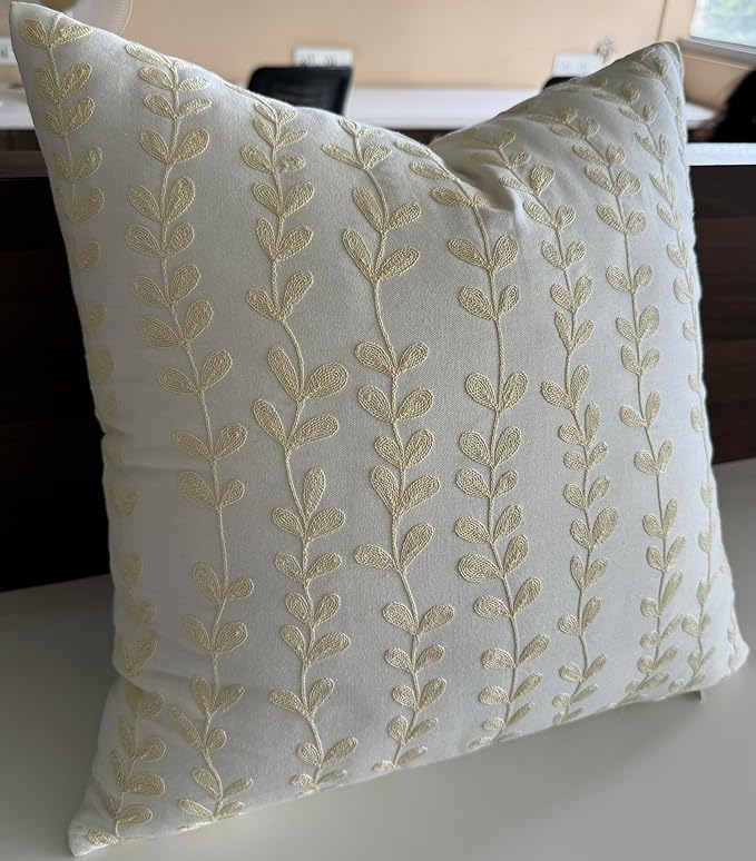 VAGMINE Embroidered Floating Leaves Throw Pillow Cover - 18x18 Inches Square - 100% Cotton Ivory Decorative Cushion Cover - Timeless Nature-Inspired Accent for Sofa, Couch & Modern Decor - Cream-Ruum Studio Home