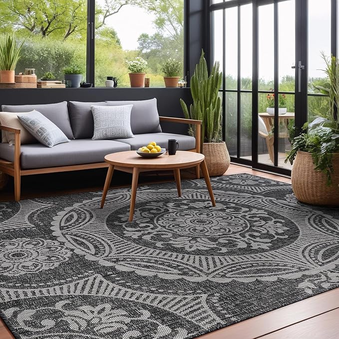 Medallion Outdoor Rug 10x14 Washable Outside Carpet for Indoor Patio Porch Waterproof Easy Cleaning Non Shedding Area Rugs Dark Gray 10 x 14-Ruum Studio Home