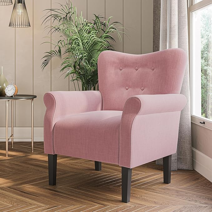 BELLEZE Modern Accent Chair for Living Room, High Back Armchair with Wooden Legs, Upholstered Wingback Side Chair Padded Armrest Single Sofa Club Chair for Living Room, Bedroom - Allston (Pink)-Ruum Studio Home