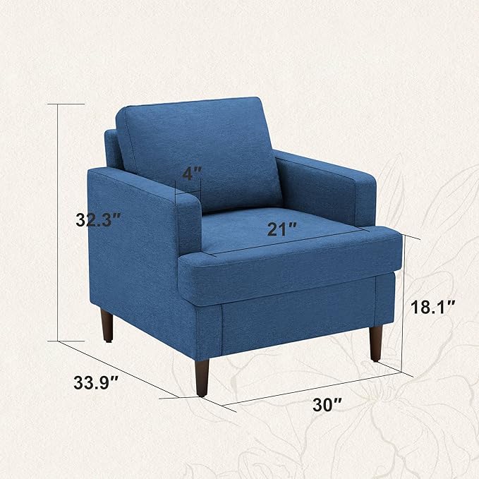 Mid-Century Accent Chair,Modern Linen Fabric Armchair for Living Room,Comfy Upholstered Reading Accent Chairs for Bedroom,Single Sofa Chair with Wood Legs (Blue, 2 Pack)-Ruum Studio Home
