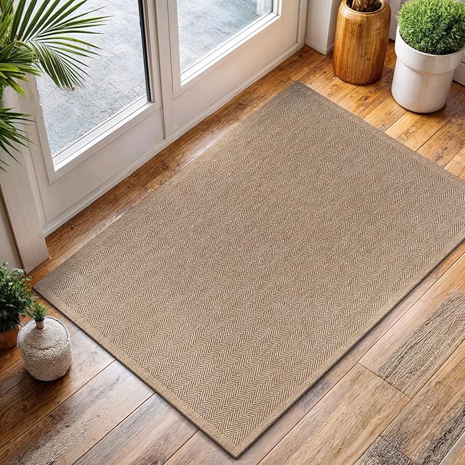 CAMILSON Easy Jute Rug 2x3, Indoor Outdoor Natural Color Fiber Area Rugs for Bathroom and Kitchen Rug, Herringbone Seagrass Boho Woven Design, Easy-Cleaning, Washable Outside Carpet Alfombras (2 x 3)-Ruum Studio Home
