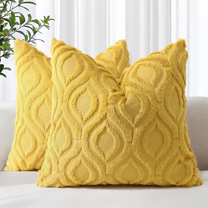 decorUhome Throw Pillow Covers 26x26 Inch Set of 2, Soft Plush Decorative Faux Fur Mustard Yellow Solid Couch Pillow Covers, Accent Farmhouse Neutral Square Euro Pillow Cases for Sofa Bed Living Room-Ruum Studio Home