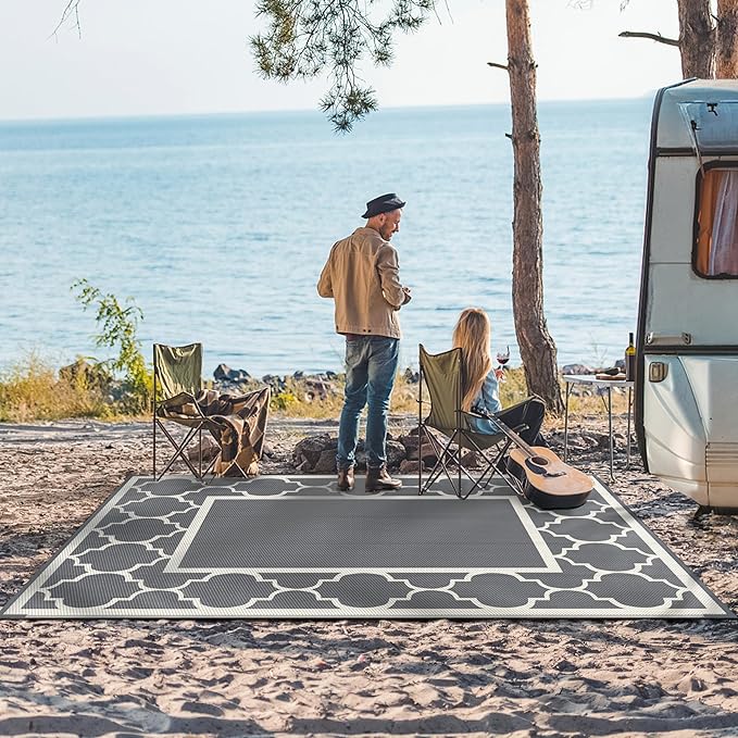 GENIMO 6' x 9' Outdoor Rug Waterproof for Patio Decor, Foldable Reversible Plastic Straw Area Rugs Mat for Camper, Outside Carpet for Rv, Deck, Porch, Picnic, Beach, Balcony, Grey & Beige White-Ruum Studio Home