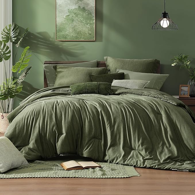 Monbix Queen Comforter Set - 7 Pieces Cationic Dyeing Olive Green Bed in a Bag Queen Bedding Sets with Comforter, Sheets, Pillowcases & Shams, Reversible Bedding Comforters Sets-Ruum Studio Home
