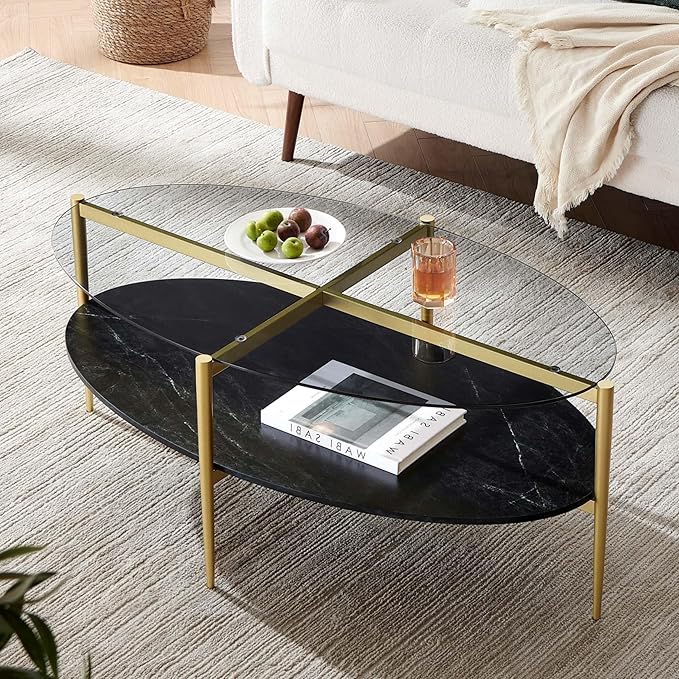 Oval Glass Coffee Table, Mid-Century Modern Design, L43 x W22 x H17 inch, Surfboard Shaped Grey Glass Top and Black Marble Finish Wood Shelf, Tapered Legs with Gold Finish Frame-Ruum Studio Home