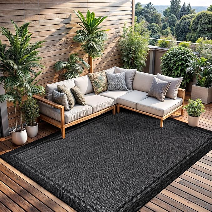 CAMILSON Indoor Outdoor Rug, 8x10 Bordered Dark Gray Black Modern Area Rugs for Indoor and Outdoor Patios, Kitchen and Hallway Mats, Washable Porch Deck Outside Carpet (Bordered Black, 8 x 10)-Ruum Studio Home