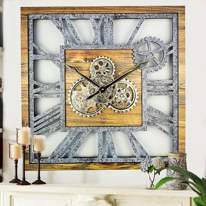 The Gears Clock 24'' Inch Square Real Moving Gear Wall Clock Vintage Industrial Oversized Rustic Farmhouse (Wood and Stone)-Ruum Studio Home