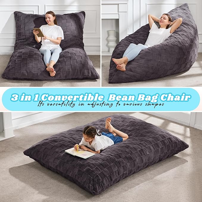 Hobestluk 3 in 1 Bean Bag Chair Giant Bean Bag Chairs for Adults with Plaid Cover Convertible Bean Bag Floor Cushion with Machine Washable Cover for Living Room (Plaid Dark Grey)-Ruum Studio Home