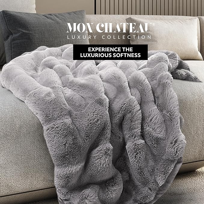Mon Chateau 60" x 70" Faux Fur Throw Blanket - Reversible Soft Blanket for Queen-Size Bed, Couch, or Sofa, Cozy Home Decor and Stylish Living Room Comfort in Grey-Ruum Studio Home