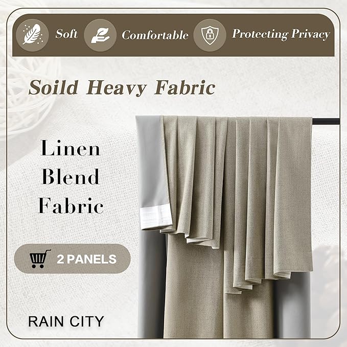 RAIN CITY 102 Inch Long Blackout Curtains for 2 Panels,Energy Efficinet Room Darkening Linen Blend Textured Curtains with Hooks,Track System Black Out Curtains for Living Room Bedroom,2 Panels,Taupe-Ruum Studio Home