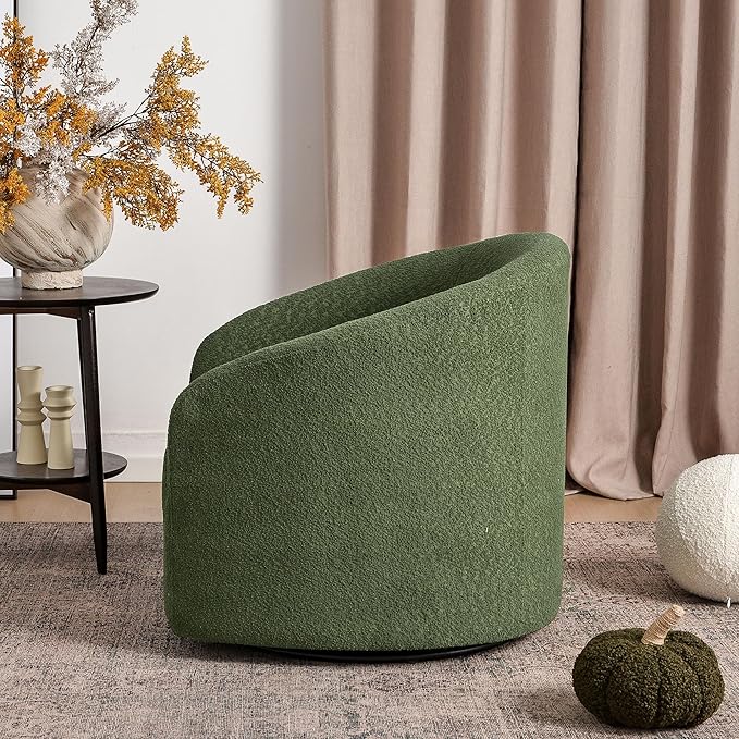 KINWELL 32" Wide Modern Boucle Swivel Barrel Chair, No Assembly Round Upholstered Swivel Accent Armchair for Living Room, Bedroom, Office (Green)-Ruum Studio Home