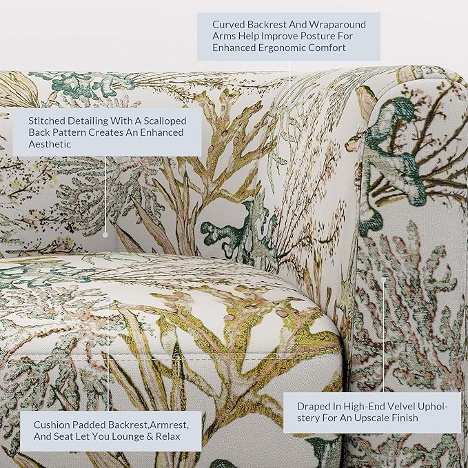 BELLEZE Living Room Chairs Set of 2, Linen Round Accent Barrel Chairs, Club Tub Sofa Chairs for Bedroom, Corner Chairs with Flared Legs and Cozy Soft Padding - Highland (Green Coral)-Ruum Studio Home