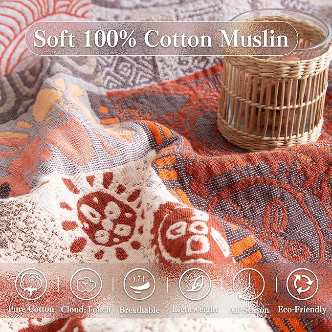 Boho Throw Blanket Twin Size, Soft Cozy Cotton Muslin Quilt Blanket for Bed Decor, Patchwork Block Couch Sofa Chair Cover, Vintage Farmhouse Cottage Tapestry Woven Blanket, Red&Orange-Ruum Studio Home