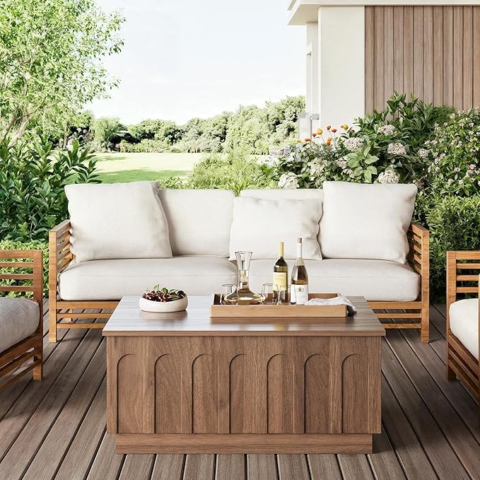 Lift Top Coffee Table with Storage, Mid Century Modern Coffee Table with Arched Design, 31.5" Square Tea Table with Wood Grain, Multifunctional Center Table for Living Room, Office, Walnut-Ruum Studio Home