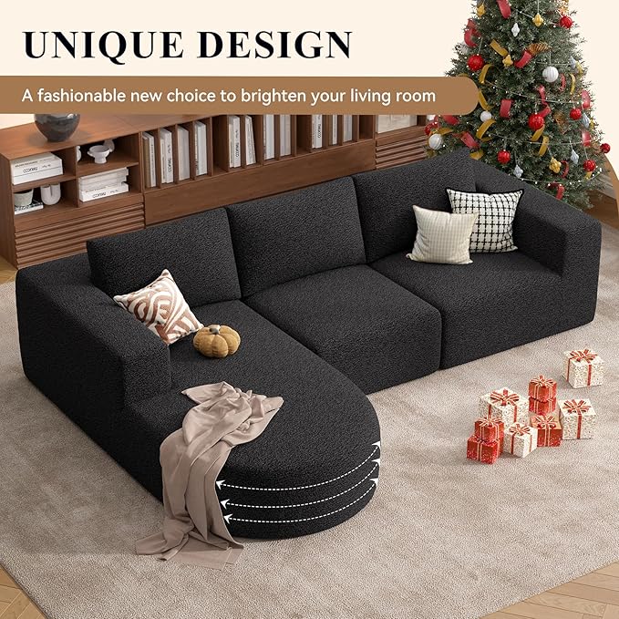 Modular Sectional Sofa with L-Shape Chaise,Cloud Sectional Modern Sleeper Couch with Deep Seat,Sponge Compression Sofas No Assembly Required (Black-Sherpa Fabric) 1PCS-Ruum Studio Home