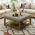 Large Square Ottoman Coffee Table, Linen Solid Upholstered Footrest Ottoman with Solid Wood Shelf Storage Tufted Coffee Table for Bedroom Living Room, Linen-Ruum Studio Home