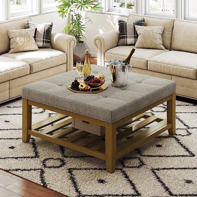 Large Square Ottoman Coffee Table, Linen Solid Upholstered Footrest Ottoman with Solid Wood Shelf Storage Tufted Coffee Table for Bedroom Living Room, Linen-Ruum Studio Home