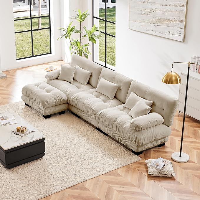 L Shaped Couch Sectional Couch, 3-Seater Cloud Couch Sectional Oversized Couch, Sofa Bed Couch with Round Bolster Armrests 5 Pillows, Modular Couch Home Sofa Living Room Couch-Ruum Studio Home
