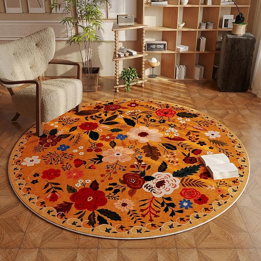 Round Rug 4ft Washable Circle Rug Non Slip Low Pile Boho Floral Small Circular Rug for Bedroom, Bathroom, Entryway, Kids Room, Office, College Dorm(Yellow)-Ruum Studio Home