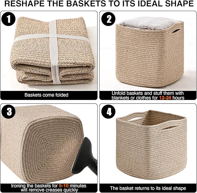11 Inch Cube Storage Bins, Storage Cube Organizer Bins, Woven Cotton Rope Baskets for Storage, Storage Basket for Organizing Shelves, Square Baskets for Toys Nursery, Brown (Pack of 3)-Ruum Studio Home