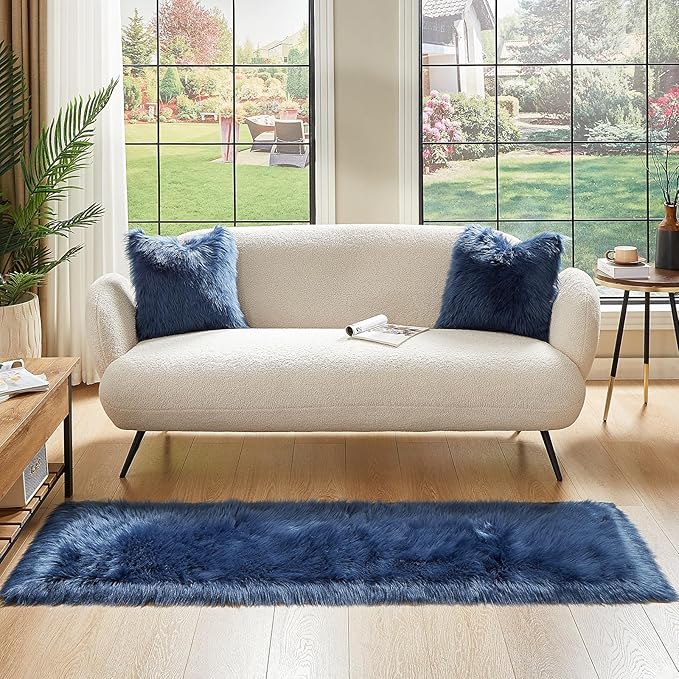 AMTOVO Faux Fur Rug, Dark Blue Ultra Soft Fluffy Shag Sheepskin Rug, 2 x 6 ft Runner Area Rugs for Bedroom Sofa Throw Cushion Room Decor, Rectangle-Ruum Studio Home