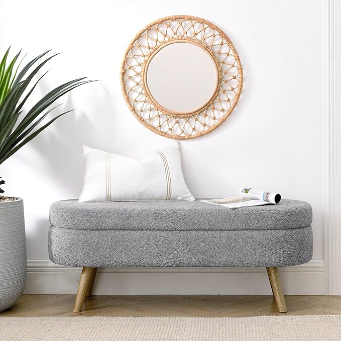 Oval Storage Bench 43.5" Linen Fabric Upholstered Entryway Bench with Solid Wood Legs Ottoman Bench Indoor Bench for Living Room/Bedroom/End of Bed/Entryway (New Grey)-Ruum Studio Home