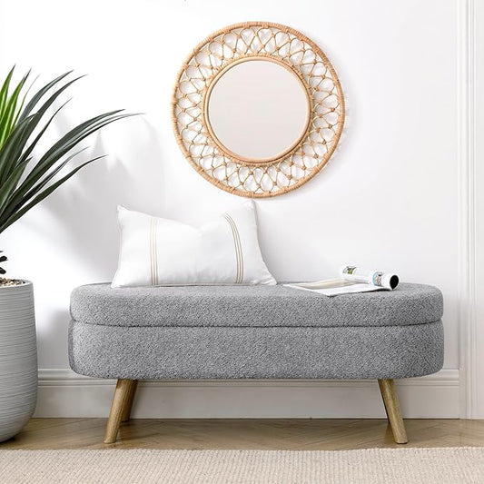 Oval Storage Bench 43.5" Linen Fabric Upholstered Entryway Bench with Solid Wood Legs Ottoman Bench Indoor Bench for Living Room/Bedroom/End of Bed/Entryway (New Grey)