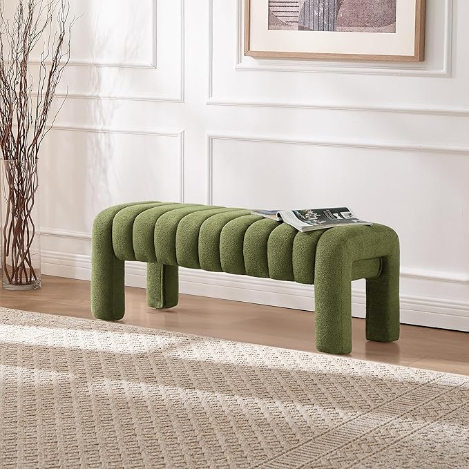 43.3" Bedroom Bench, Upholstered Entryway Bench, Modern End of Bed Ottoman with Solid Wood Legs and Adjustable Foot Pegs for Entryway, Dining Room and Living Room (Green Boucle)-Ruum Studio Home