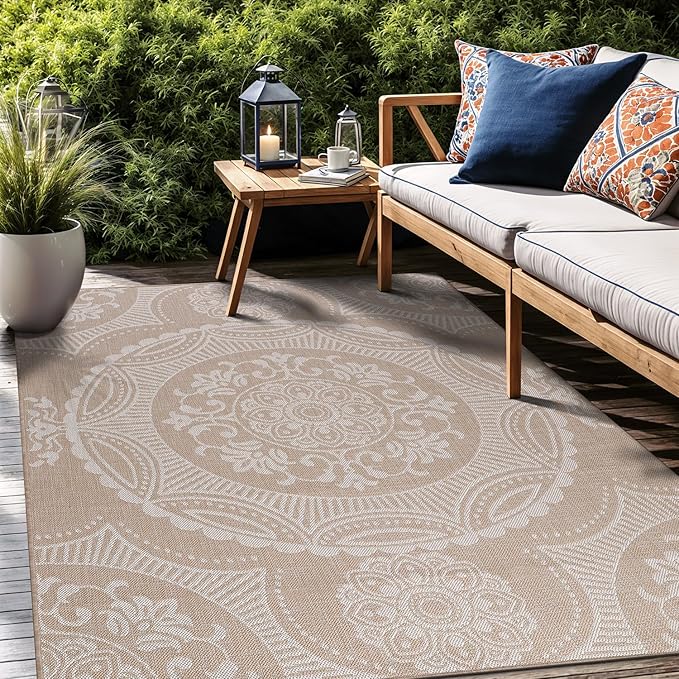 Medallion Outdoor Rug 9x12 Washable Outside Carpet for Indoor Patio Porch Waterproof Easy Cleaning Non Shedding Area Rugs Beige 9 x 12-Ruum Studio Home