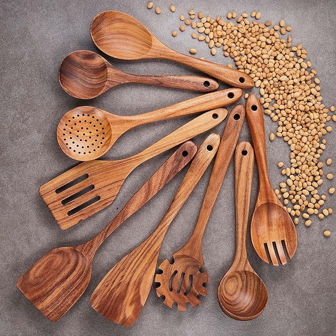 Wooden Kitchen Utensils Set,GUDAMAYE 9 PCE Natural Teak Wooden Spoons For Non-stick Pan for Cooking,-Ruum Studio Home