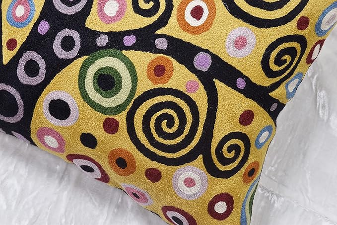 Klimt Yellow Tree of Life Pillow Cover Gold Floral Pillowcase Flower Botanical Gold Accent Suzani Sofa Cushions Kids Room Cushions Hand Embroidered Wool Size - 18x18-Ruum Studio Home