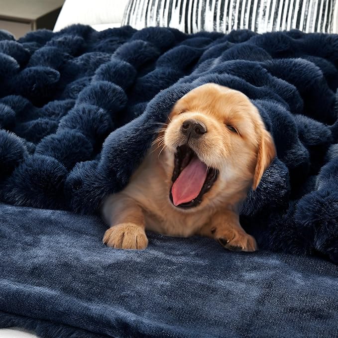 DREAMNINE Large Soft Thick Fuzzy Bubble Faux Rabbit Fur Blanket Full Size 70" x 80",Double Sided Comfy Plush Warm Shaggy Fluffy Blankets, Luxury Big Cozy Cute Textured Furry Blanket for Bed, Navy Blue-Ruum Studio Home