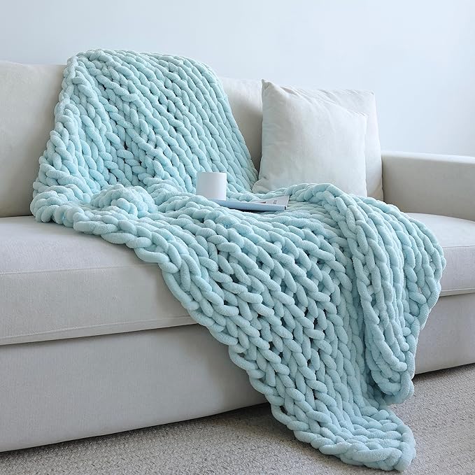 Maetoow Chenille Chunky Knit Blanket Throw （60×80 Inch）, Handmade Warm & Cozy Blanket Couch, Bed, Home Decor, Soft Breathable Fleece Banket, Christmas Thick and Giant Yarn Throws, Baby Blue-Ruum Studio Home