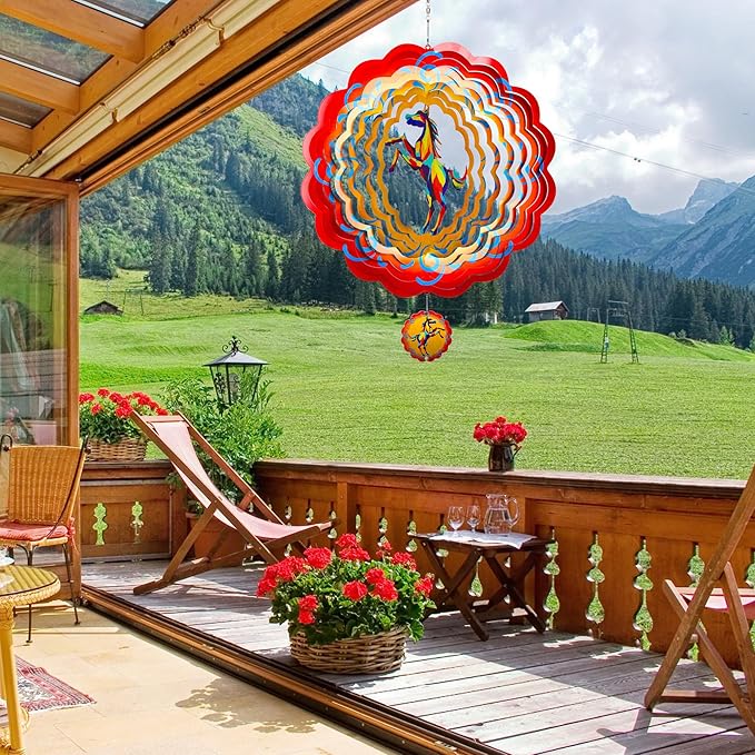 12 inch Horse 3D Stainless Steel Wind Spinners, Hanging Garden Spinner Kinetic Art Garden Decorations, Reflective Wind Sculpture for Indoor/Outdoor Decor-Ruum Studio Home