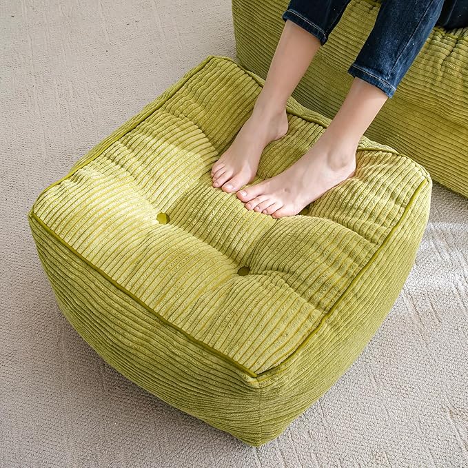HIGOGOGO Square Stuffed Pouf Ottoman, Corduroy Poufs with Foam Chunk Filling, Furry and Fluffy Pouf Foot Stool Storage Ottoman, 25.6 X 25.6 Floor Poufs Foot Rest for Living Room, Green-Ruum Studio Home