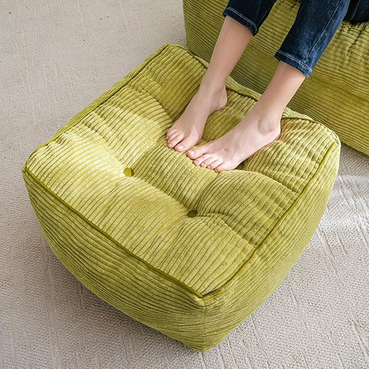 HIGOGOGO Square Stuffed Pouf Ottoman, Corduroy Poufs with Foam Chunk Filling, Furry and Fluffy Pouf Foot Stool Storage Ottoman, 21 X 21 Floor Poufs Foot Rest for Living Room, Green-Ruum Studio Home